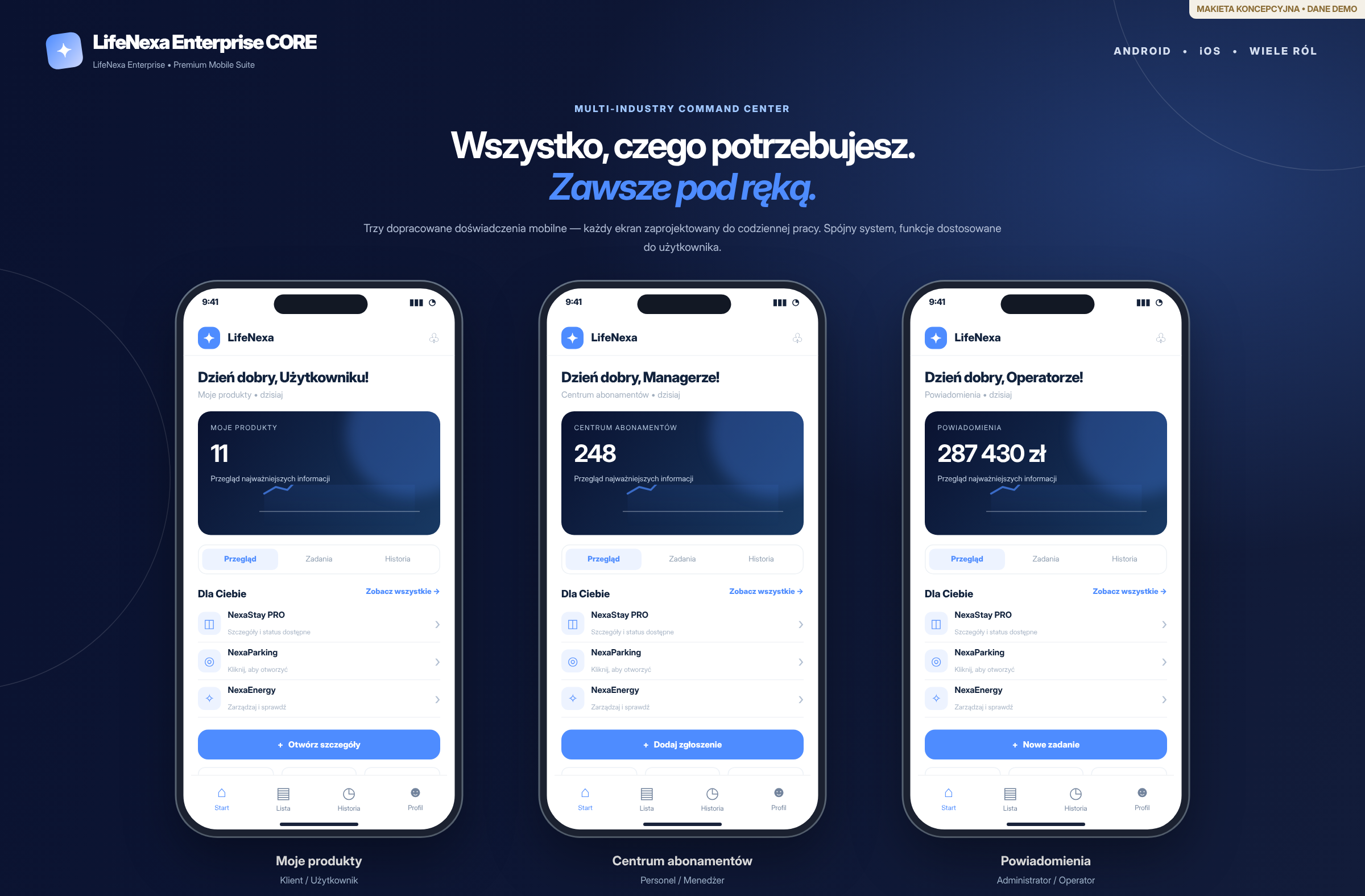 Oryginalny projekt aplikacji mobilnej Enterprise CORE